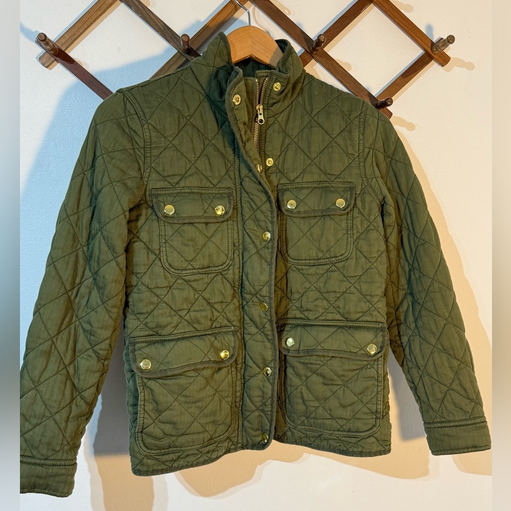 J Crew Womens PS Green Quilted Downtown Field Jacket Full Zip Snap Button
